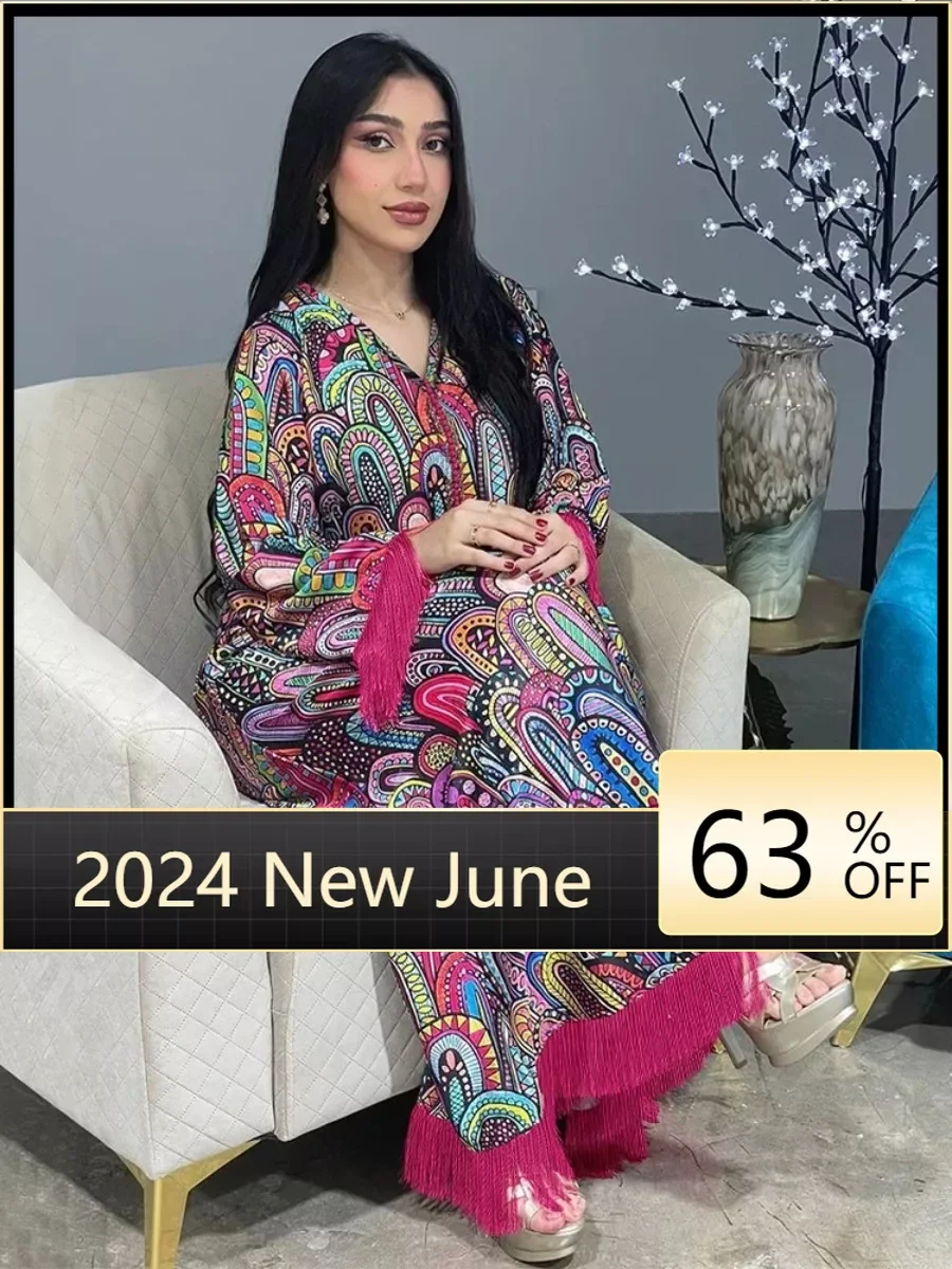 

Morocco Kaftan Dubai Turkey Muslim Women Print Long Maxi Party Dress Tassel Sleeve Robe Eid Ramadan Islam Jalabiya Abaya Caftan