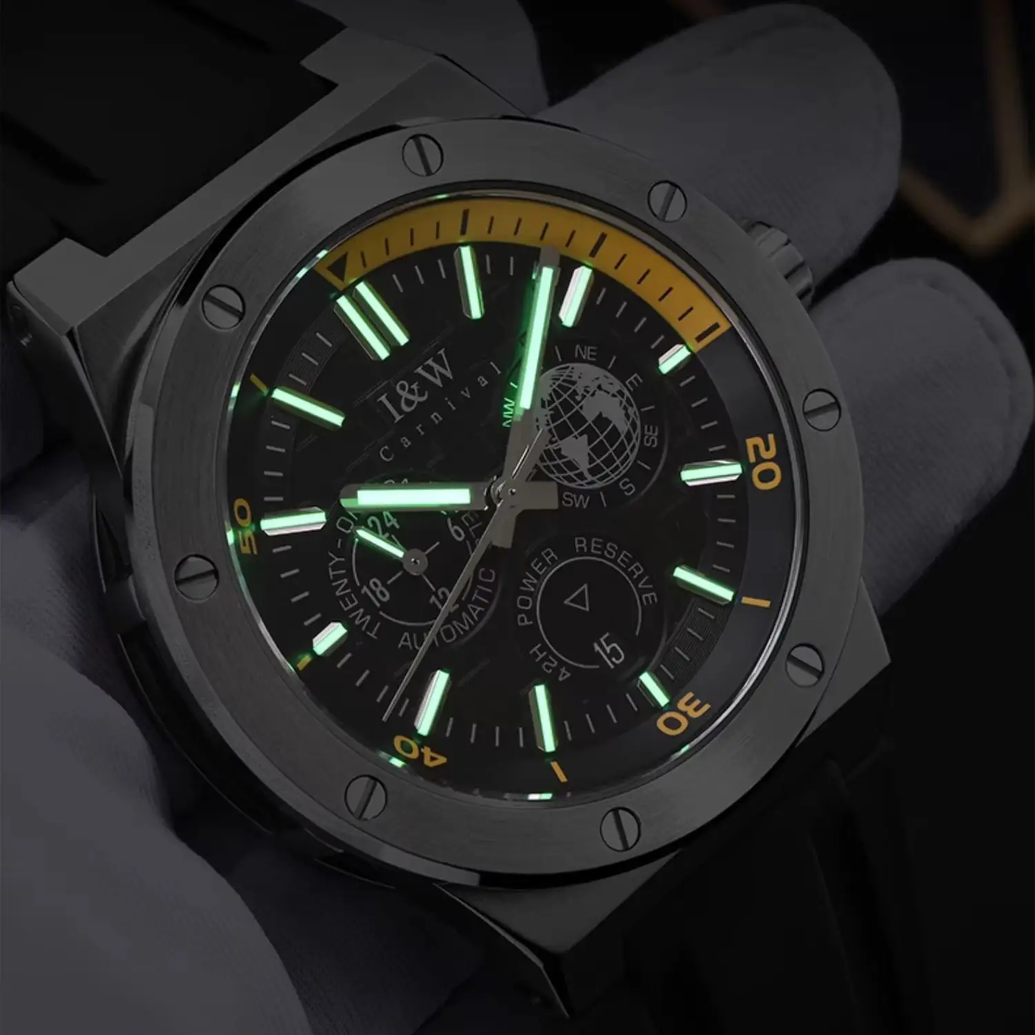 Reloj Automático I&W para Hombre, 42 mm, Reloj de Pulsera Mecánico, Espejo de Zafiro, Luminoso, Resistente al Agua 50 m, Reserva de Energía de 42 Horas, 24 Horas