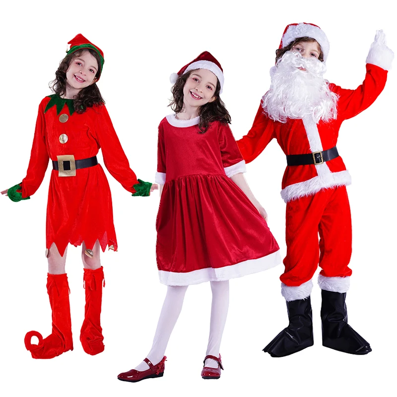 Disfraz de Papá Noel para niños, traje de Navidad para fiesta, vestido de lujo para niños y niñas, ropa con sombrero