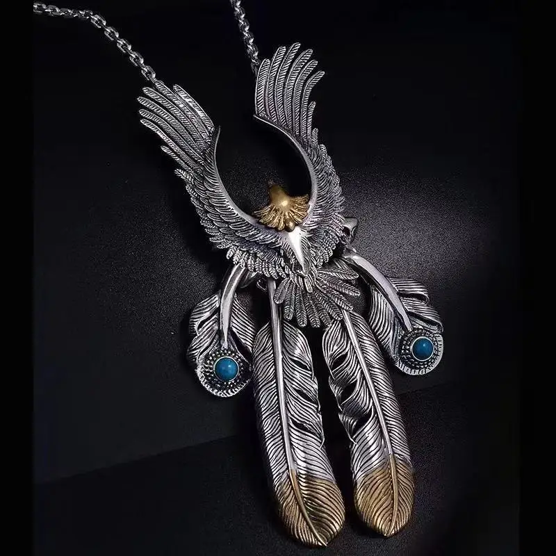 Vintage Carved Eagle Feather Necklace Inlaid Turquoise, Japanese Korean Hip Hop Punk Rock Sweater Chain