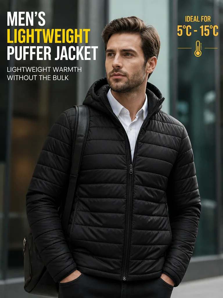 Men's lightweight down jacket, suitable for both layering and standalone wear, ideal for temperatures between 5°C to 15°C