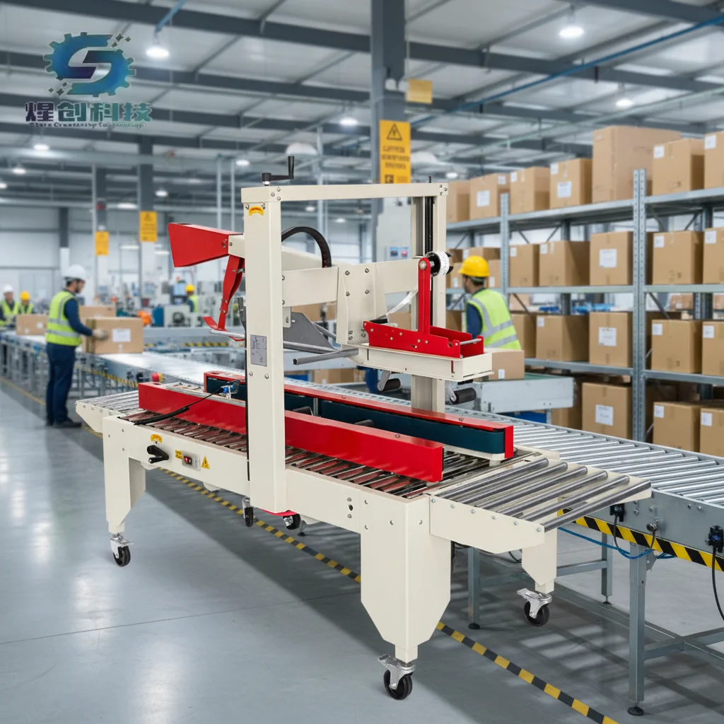 

Automatic Side Belt Drive Folding Flaps Carton Case Sealer Sealing Machine with Roller Table