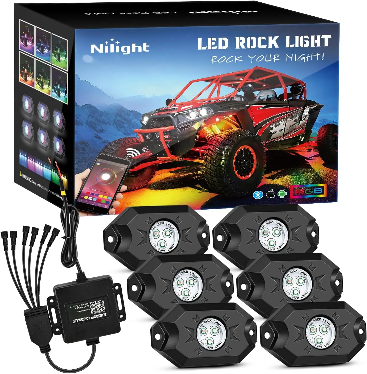 

Ambient light LED Rock Lights Kit, 6 pods Underglow Multicolor Neon Light Pod with Bluetooth App Control Flashing Music Mode