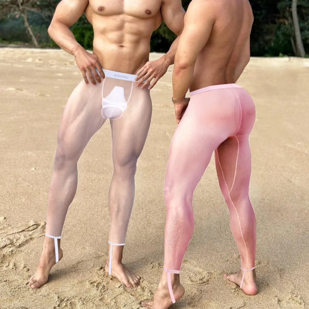 Pantalones sexis transparentes de nueve puntos para hombre, ropa interior deportiva de secado rápido para correr, mallas interiores elásticas ultrafinas para hombre, Calzoncillos largos