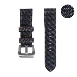 24mm Denim mens watch strap black vintage distressed canvas cotton pam buckle