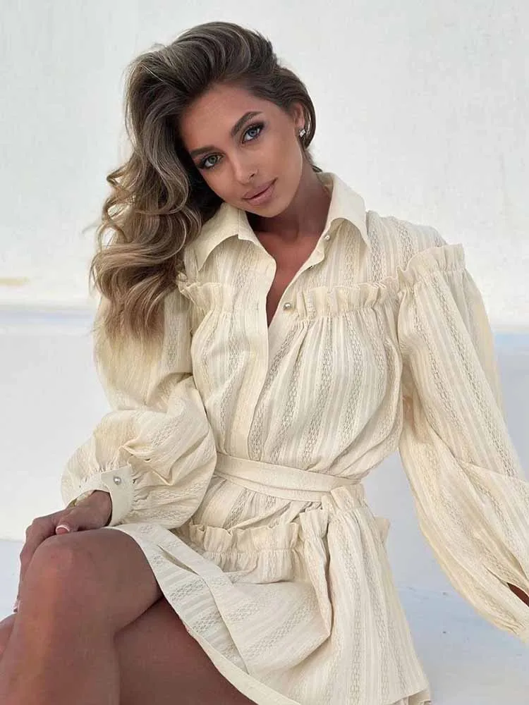 

MCDV Elegant Ruffle Lace-Up Mini Dress Women Beige Long Sleeve Button High Wiast A-line Dresses Fashion Classic 2025 New Vestido