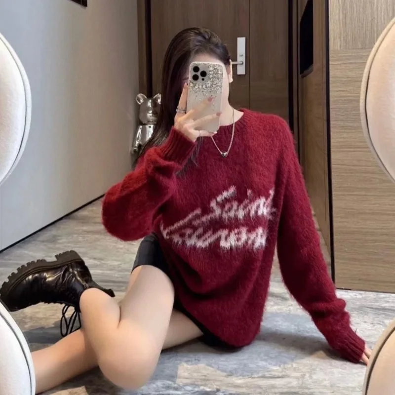 New Winter Women Monogram Jacquard Knitted Crew Neck Sweater with Graffiti Pullovers Long Sleeves Jumpers Autumn Woman Clothing