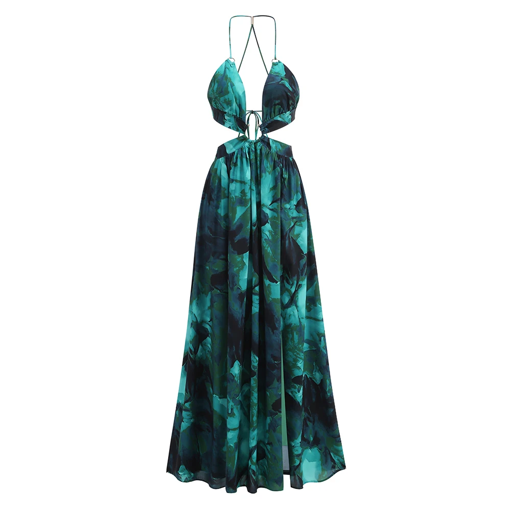 Qliaty-vestido bohemio verde para mujer, traje Sexy con cuello de pico profundo, estampado recortado, largo hasta el tobillo, para vacaciones y playa