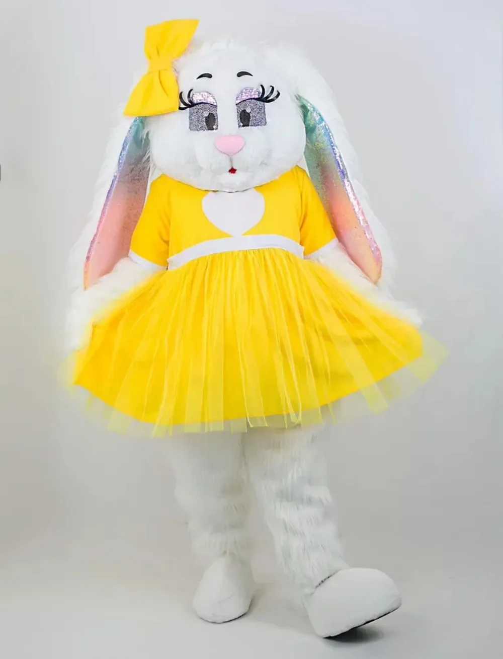 

Cute Yellow Dress Rabbit Mascot Costume Cartoon Plush Outfits Walking Doll Outfits Halloween Christmas Fancy Party Dress