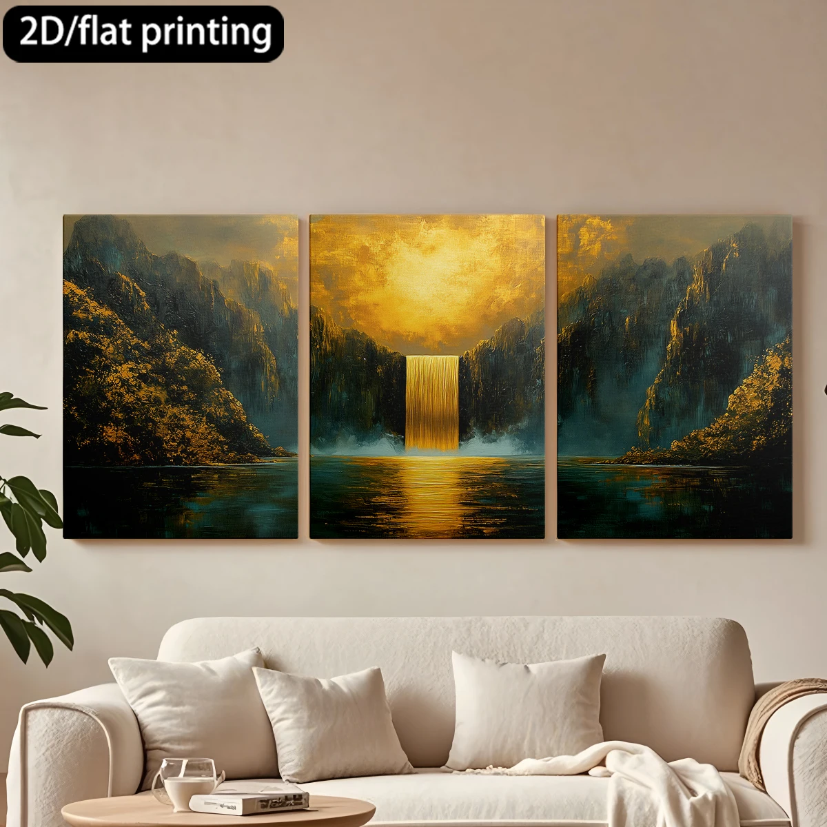 Juego de 3 Cuadros Decorativos con Marco de Madera, Cascada Dorada, Montañas Majestuosas, Decoración para Pasillo o Dormitorio