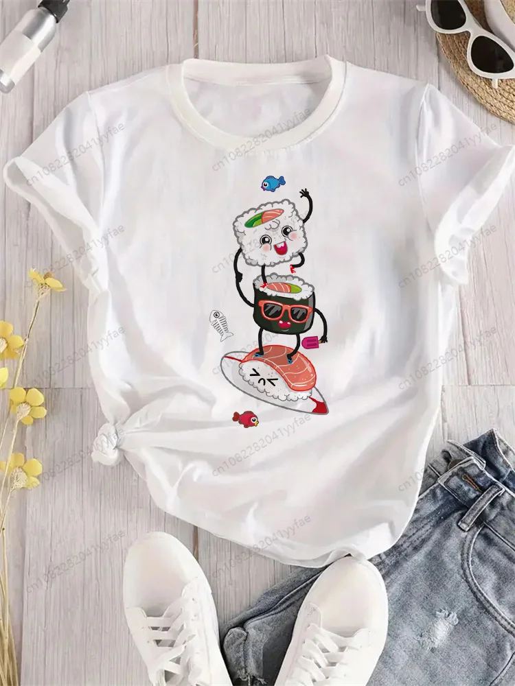 Mode dames T-shirt été mode T-shirt décontracté blanc drôle dessin animé Sushi imprimé T-shirt Hip Pop hauts T-shirt