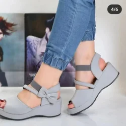 Shoes For Women 2024 Fashion Open Toe Women's Sandals Summer Bow Tie Solid Color Wedge Shoes Female Casual Platform Shoes Ladies