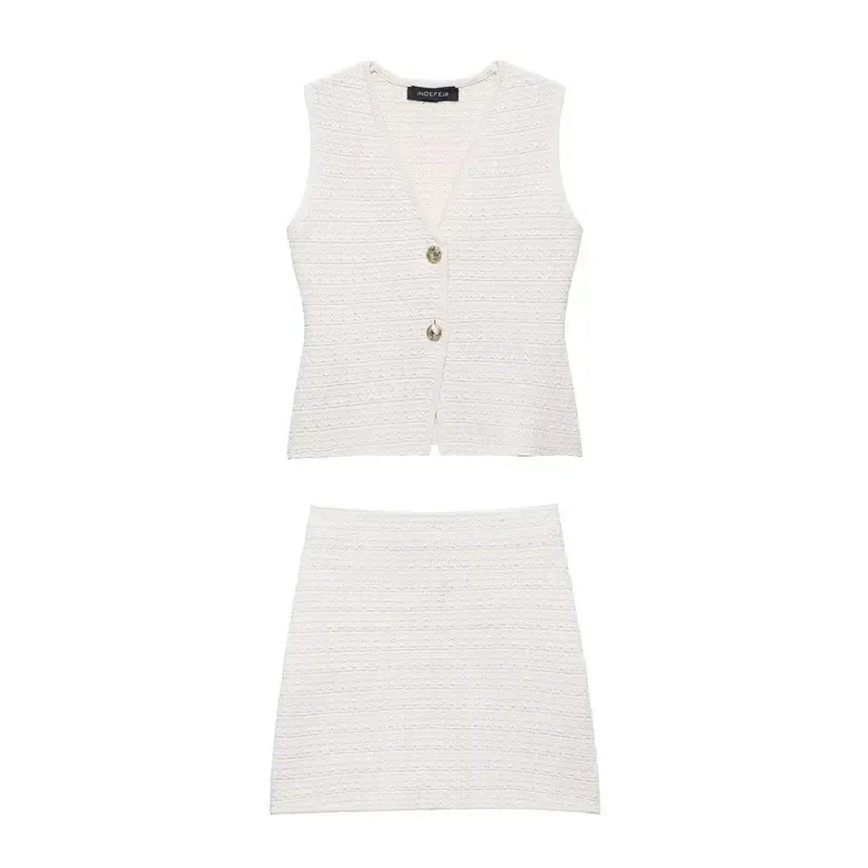 Elegant Chic Women's White Knitted Suit V-Neck Single Breasted Vest Mini Skirt Summer Fashion Office Wear for Ladies