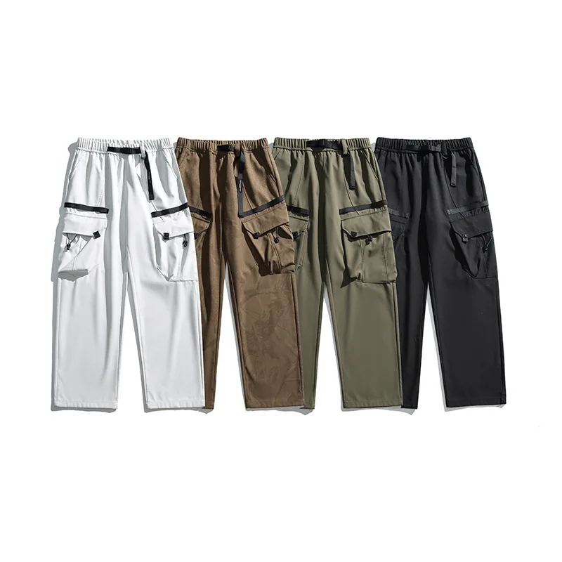 Inverno 2025 Pantaloni cargo maschili Pantaloni dritti alla caviglia Pantaloni impiombati solidi Tasche larghe Pantaloni a vita alta Leggero patchwork elasticizzato