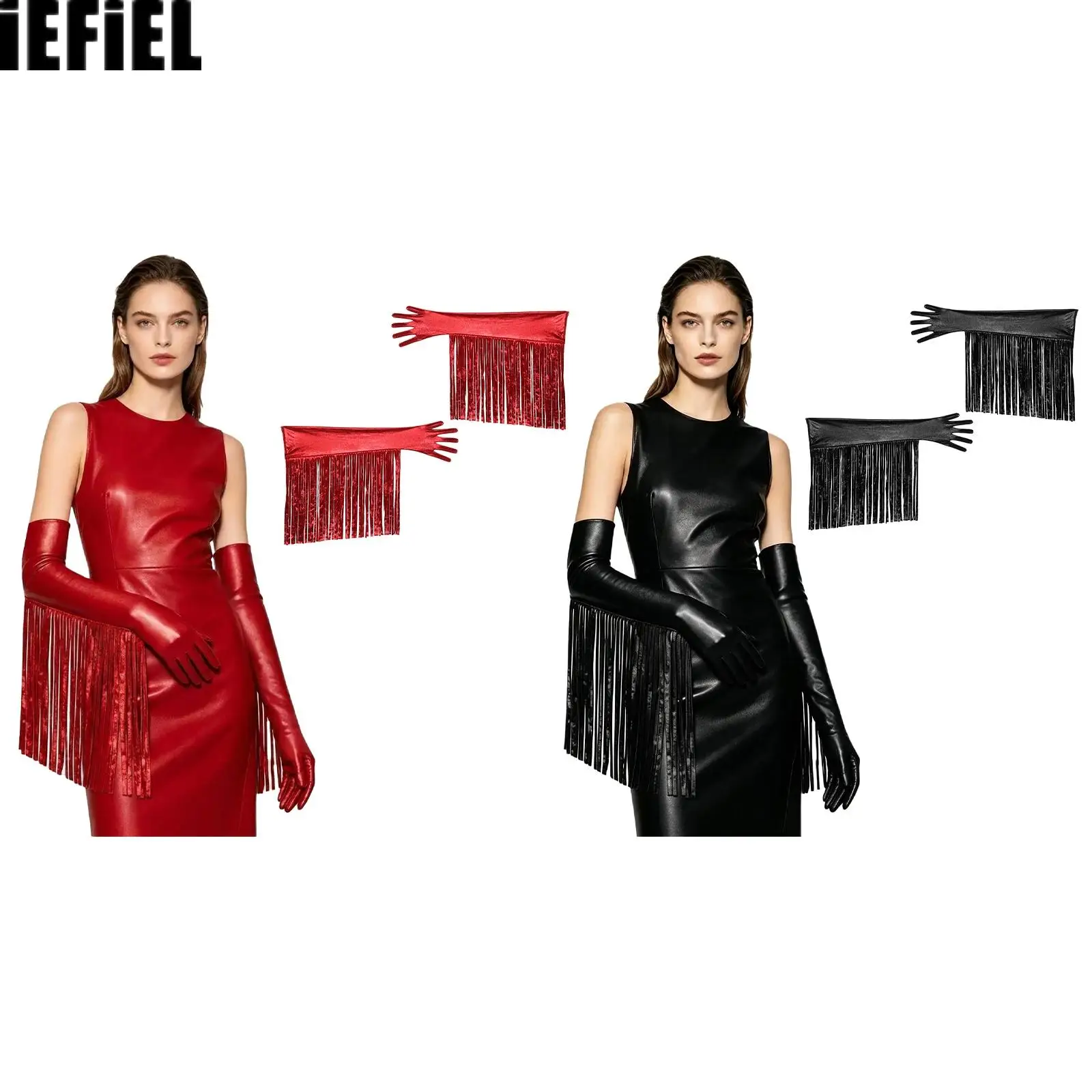 Metallic Shiny Long Gloves with Tassel Accent Over Elbow Length Full-finger Mittens Opera Halloween Party Clothing