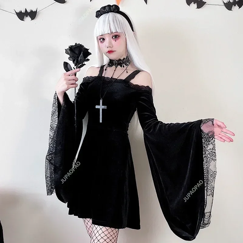 

Halloween Sexy Off Shoulder Lace Dress for Women Fashionable Bubble Sleeve Mini Black Dress Spring Korean Women's Slim Fit Dress