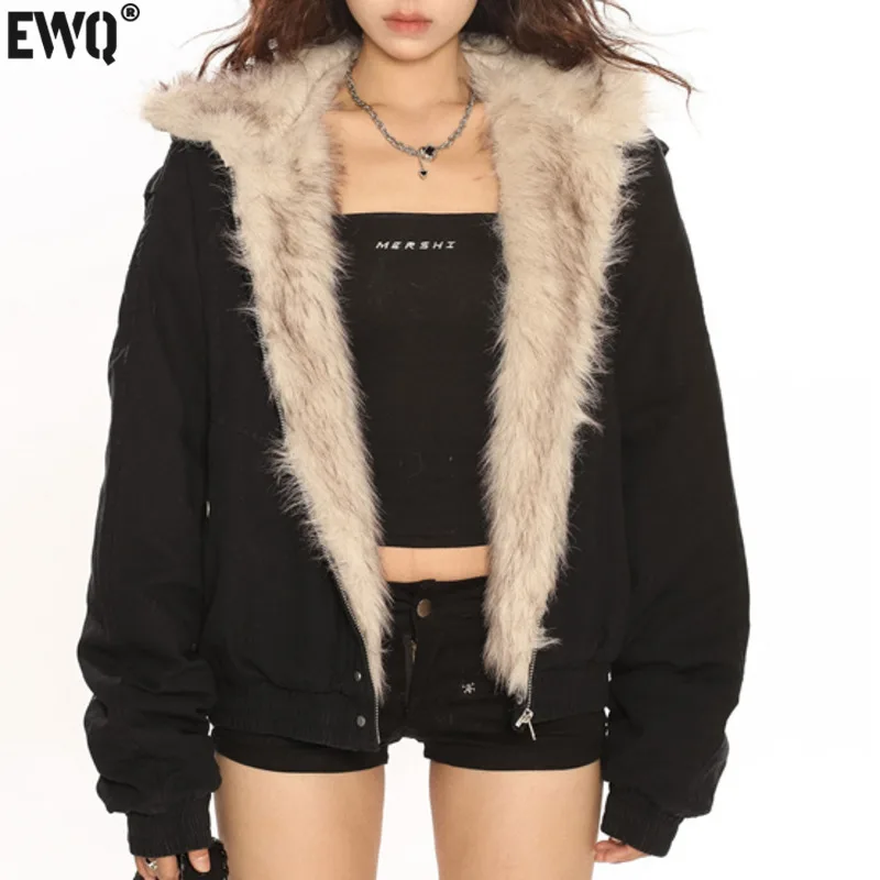 [EWQ] American Vintage Spliced Fur Collar Hooded Cotton-padded Coat Keep Warm Streetwear Parkas Jacket 2024 Winter New 16O3655