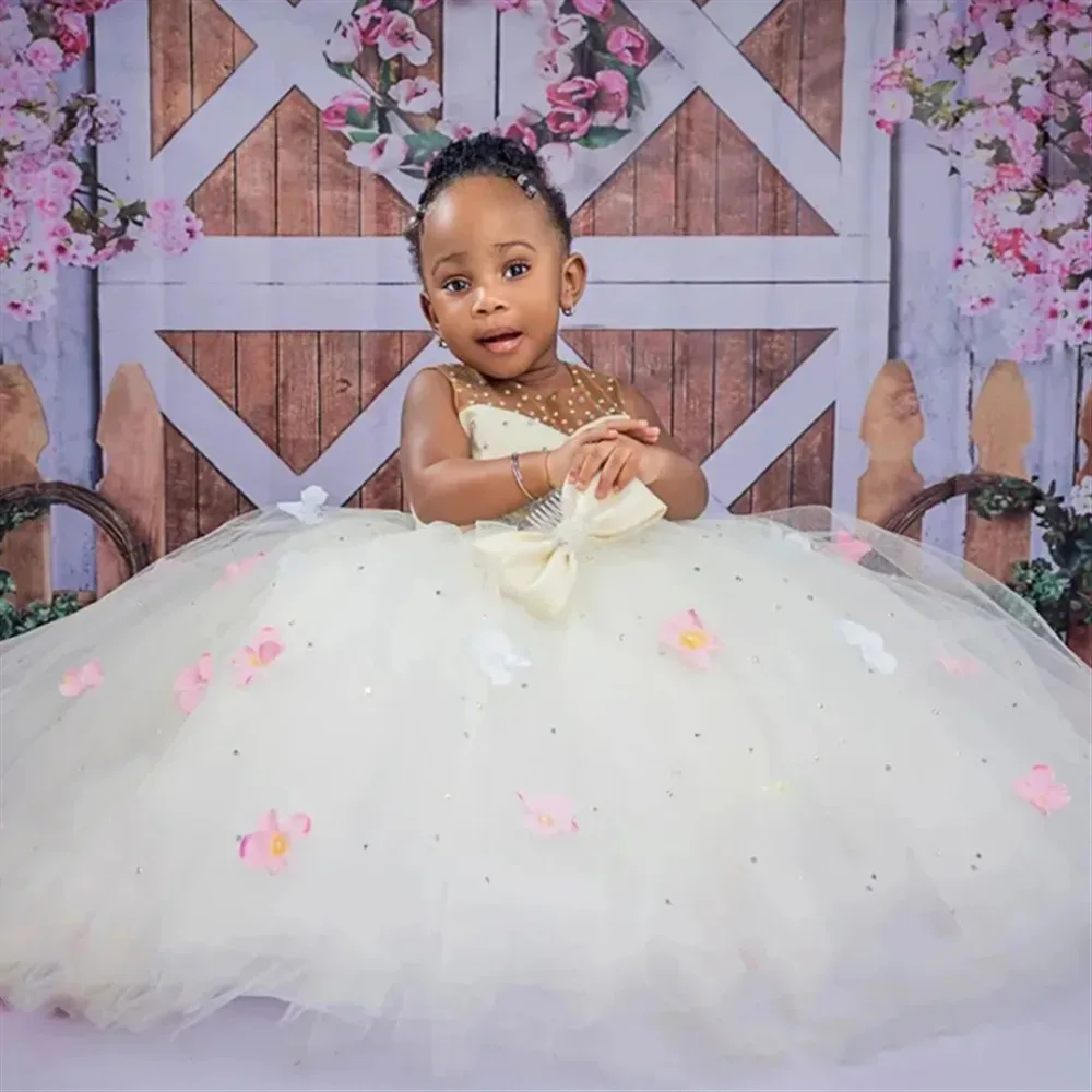 

Luxury Floral Flower Girl Wedding Dress Sleeveless Appliques Beaded Princess Birthday Party First Communion Gown Customized