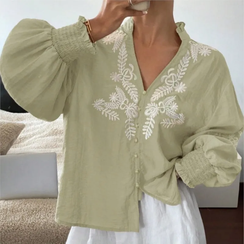

Vintage Embroidered Floral Loose Casual Shirts & Blouses 2025 Autumn New Lantern Sleeve V-neck Chic Solid Shirt Women Streetwear