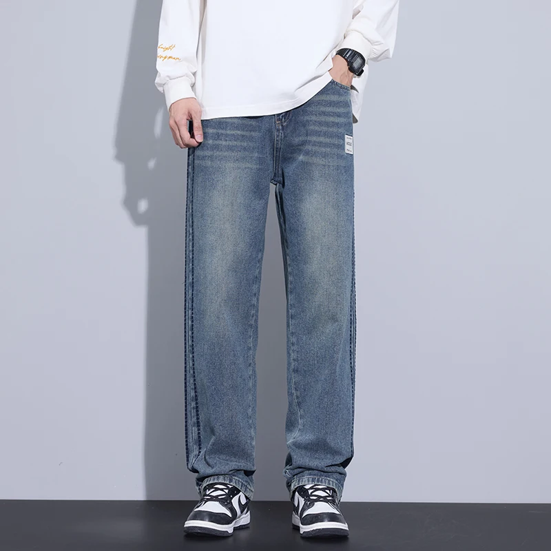 2024 New Men's Fashion Jeans Korean Style Solid Color Loose Straight Wide Leg Casual Denim Long Pants Classic Style Male