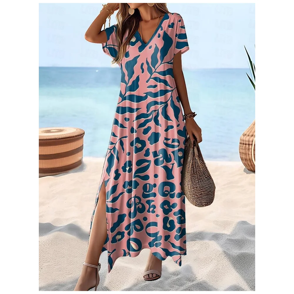 Fashion Women Dresses 3d Flower Print Woman A-Line Skirt Women Clothing Elegant Women Dresses Summer Casual V-Neck Slit Dress