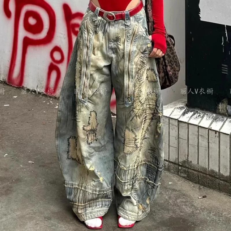 

Уникальные женские джинсы с вышивкой в американском стиле, летние популярные брюки до пола для девочек High Street 209, грязные окрашенные брюки длиной до пола