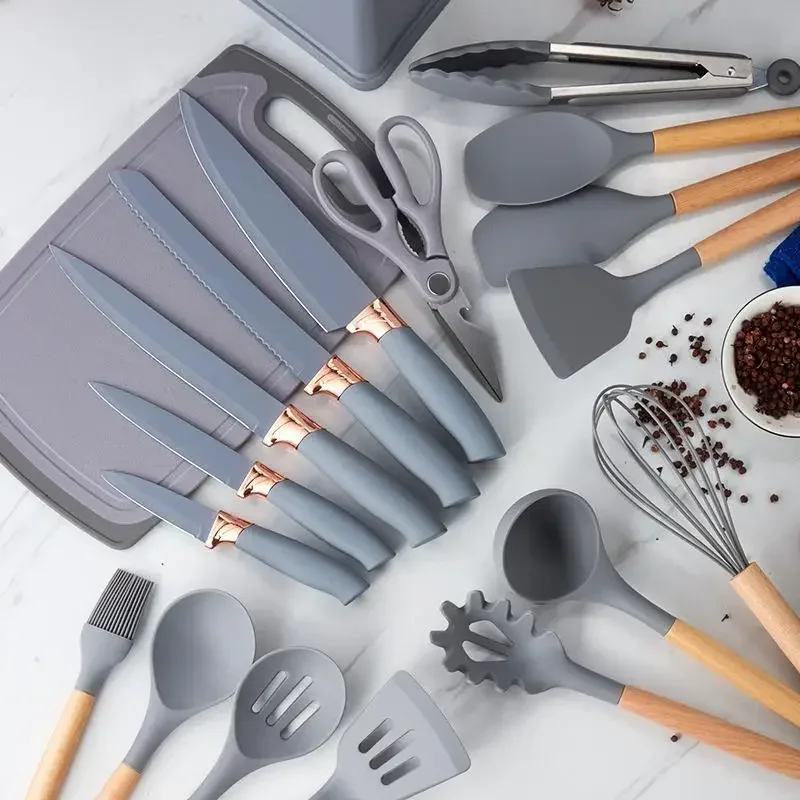 Multifunctional 19pcs Heat Resistant Kitchenware Non Stick Cookware Set Silicone Kitchen Gadgets Utensils with Holder Box