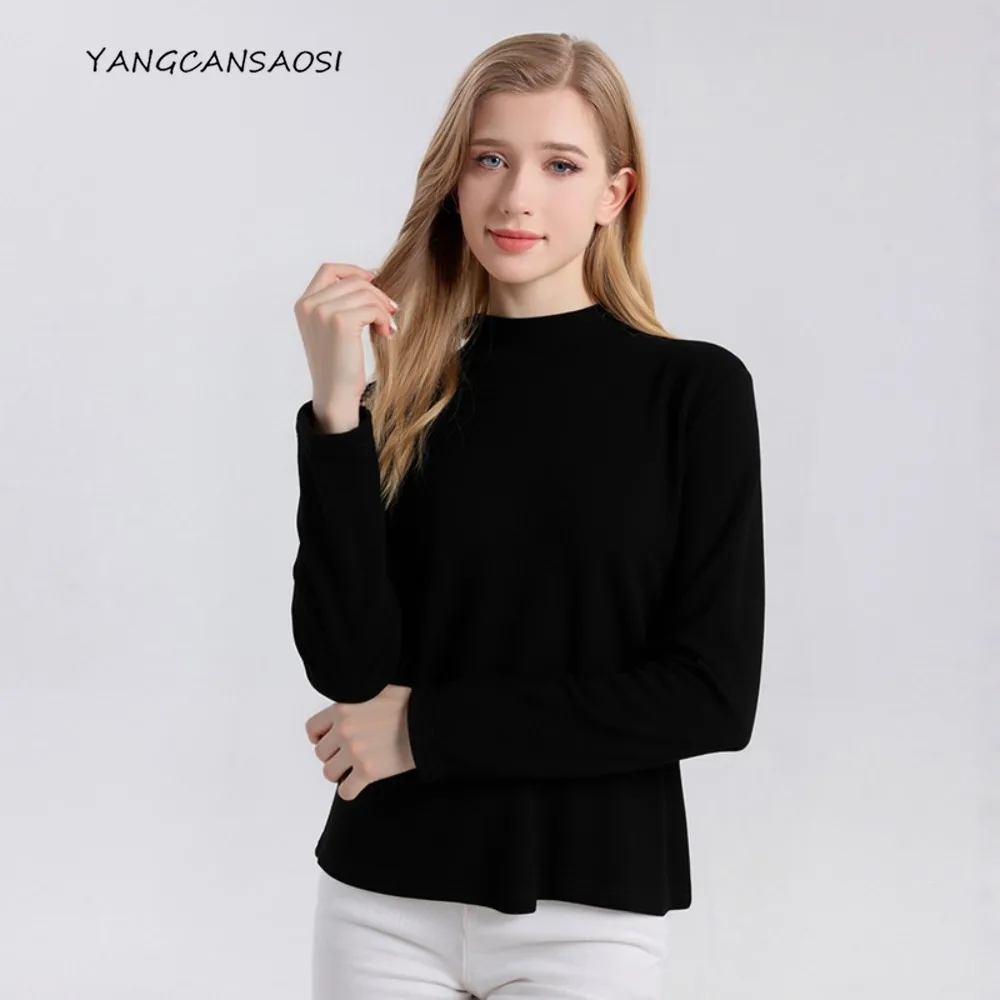 Damski sweter z wełny na rok 2025, z półgolfem, długim rękawem, bazowy sweter, 100% ultra-cienka wełna, dzianinowy sweter, jednolity kolor, ciepły pulower.