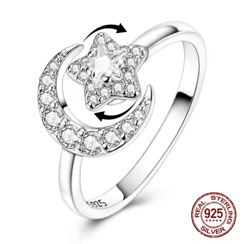 925 Sterling Silver Rotatable Star &amp; Moon Ring Cubic Zirconia Paved Minimalist Ring for Women Girls Valentine's Day Jewelry Gift