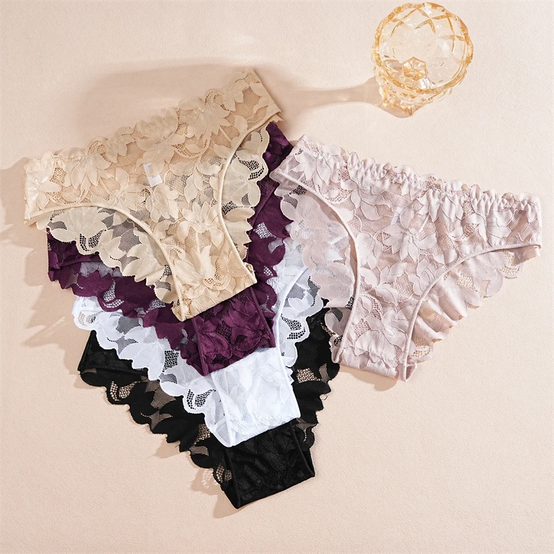 FINETOO 2 Stück Damen-Unterwäsche aus Satin mit Blumenspitze, sexy, aushöhlen, Höschen, solide, niedrige Taille, perspektivische Slips, Mädchen, weiche Dessous – Detail 5