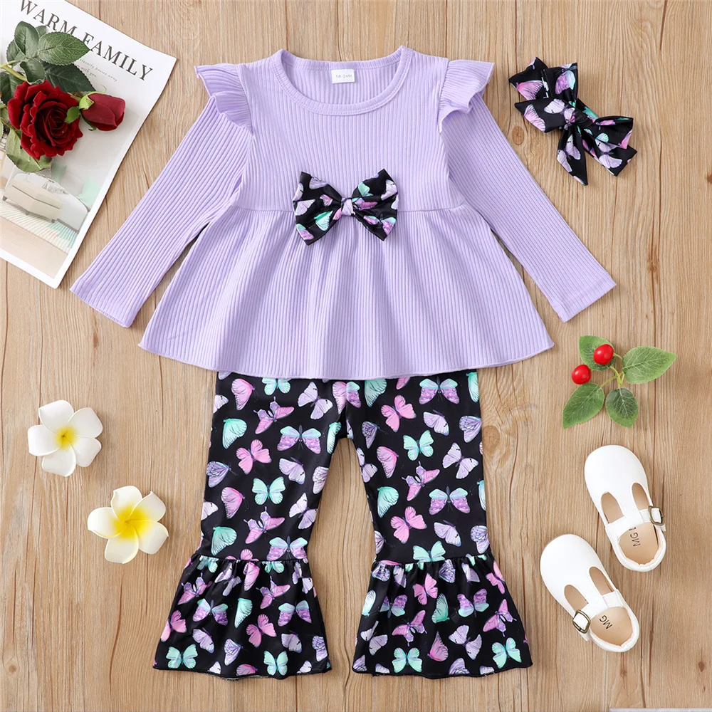 3PCS Kids Baby Girl Autumn Clothes Set Long Sleeve Top+Butterflies Pant with Headband Lovely Outfit for Children Girl 1-5 Years