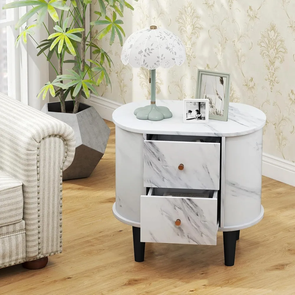 

2-Drawer Nightstand Set of 2, Modern Faux Marble Bedside Table with Storage, Accent Sofa Side Table, Oval Night, Customized