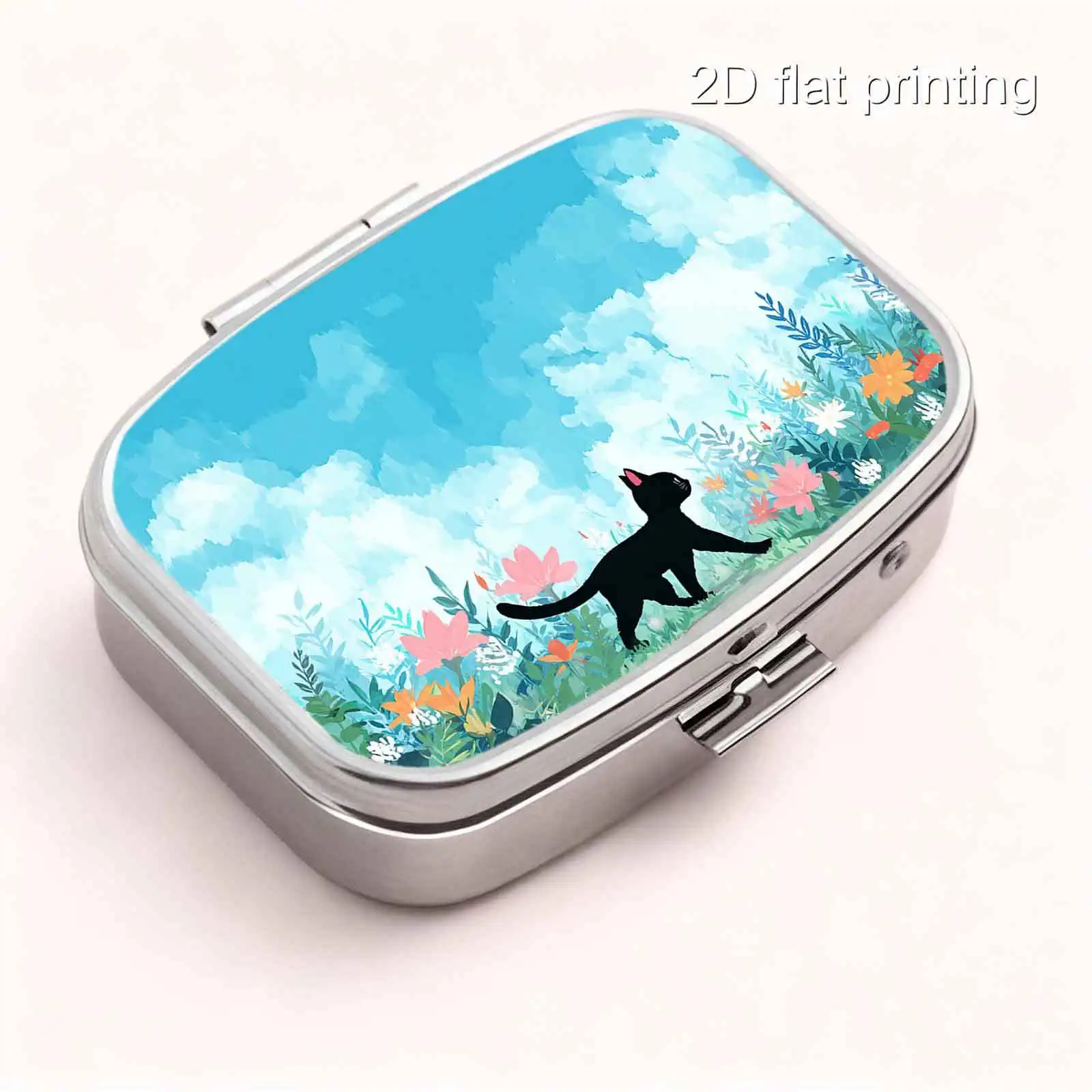 Fresh Watercolor Illustration of Blue Sky, Flowers, and a Small Black Cat Silhouette, Square Two-Compartment Small Pill Box, Portable Medicine Storage, Small Jewelry Organizer, Suitable for Handbags or Travel, Holiday Gifts, Souvenirs, Prizes, Small Gifts, for Personal Use or as an Exquisite Gift Option