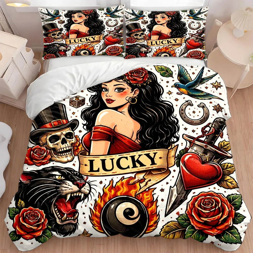 3Pc American Traditional Tattoo-Style Duvet Cover Set, Three-Piece Bedding Set (1*Duvet Cover + 2*Pillowcases), Suitable for All Seasons, Machine Washable, with Invisible Zipper, Large Double Bed Cover, Suitable for Home, Dormitory, Master Bedroom, Guest Room, Vintage Lucky Elements (Rose/Skull/Black Panther/Bird) Bedding Set, Personalized Trendy Bedroom Bedding Set, 2D Flat Print