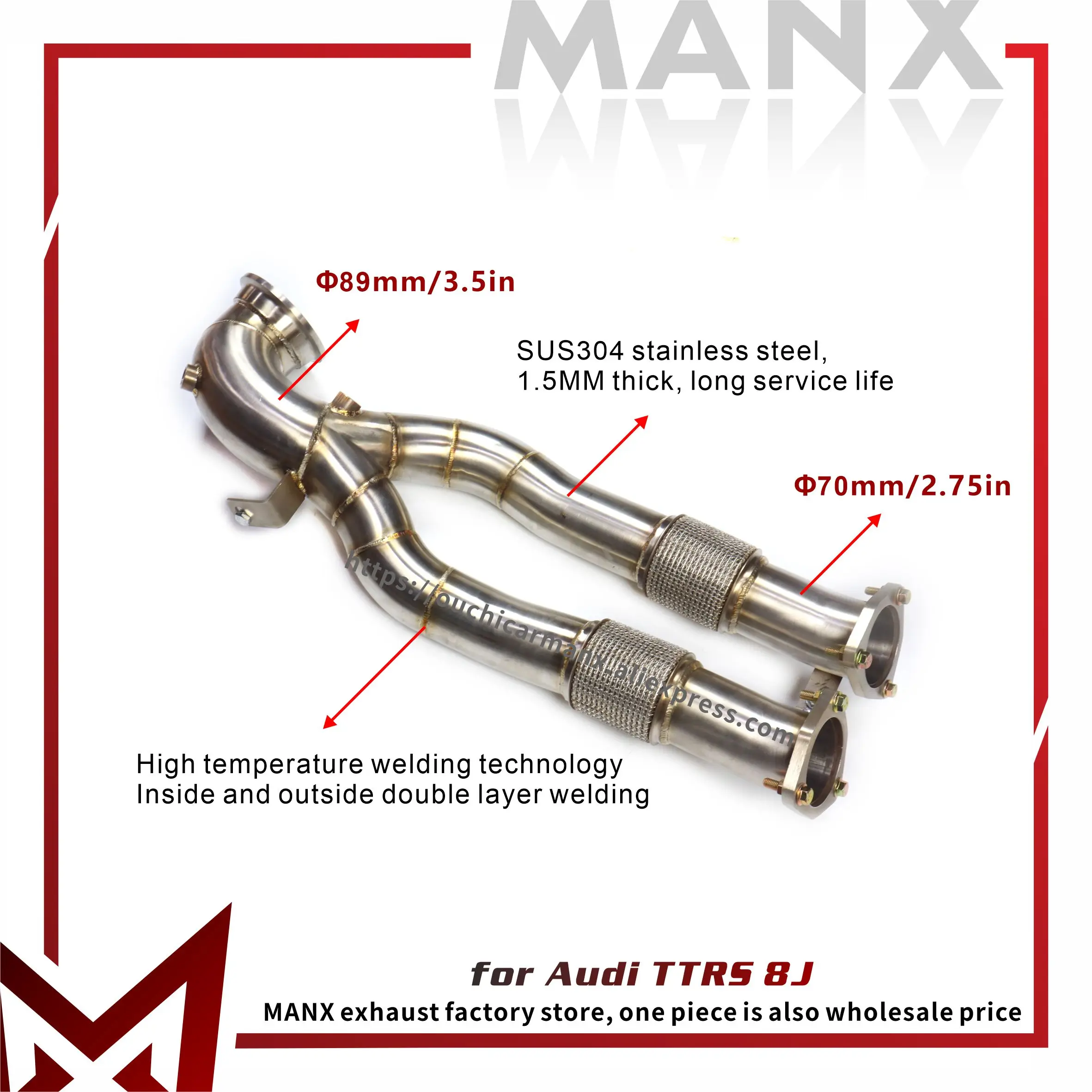 

MANX Exhaust Downpipe for Audi TTRS 8J C200 W205 RHD with Catalytic Converter 3.5 inches/89mm ﻿