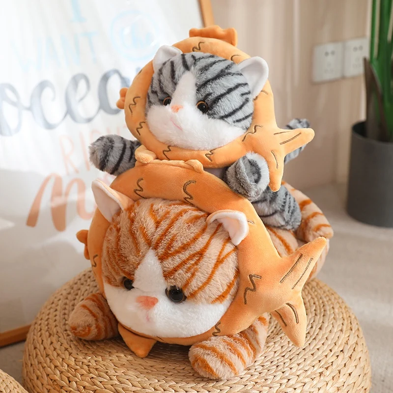 Como muñeco de gato Real, Animal de Peluche tumbado, gato gris naranja con pan de pescado, Peluche relleno, regalo de decoración