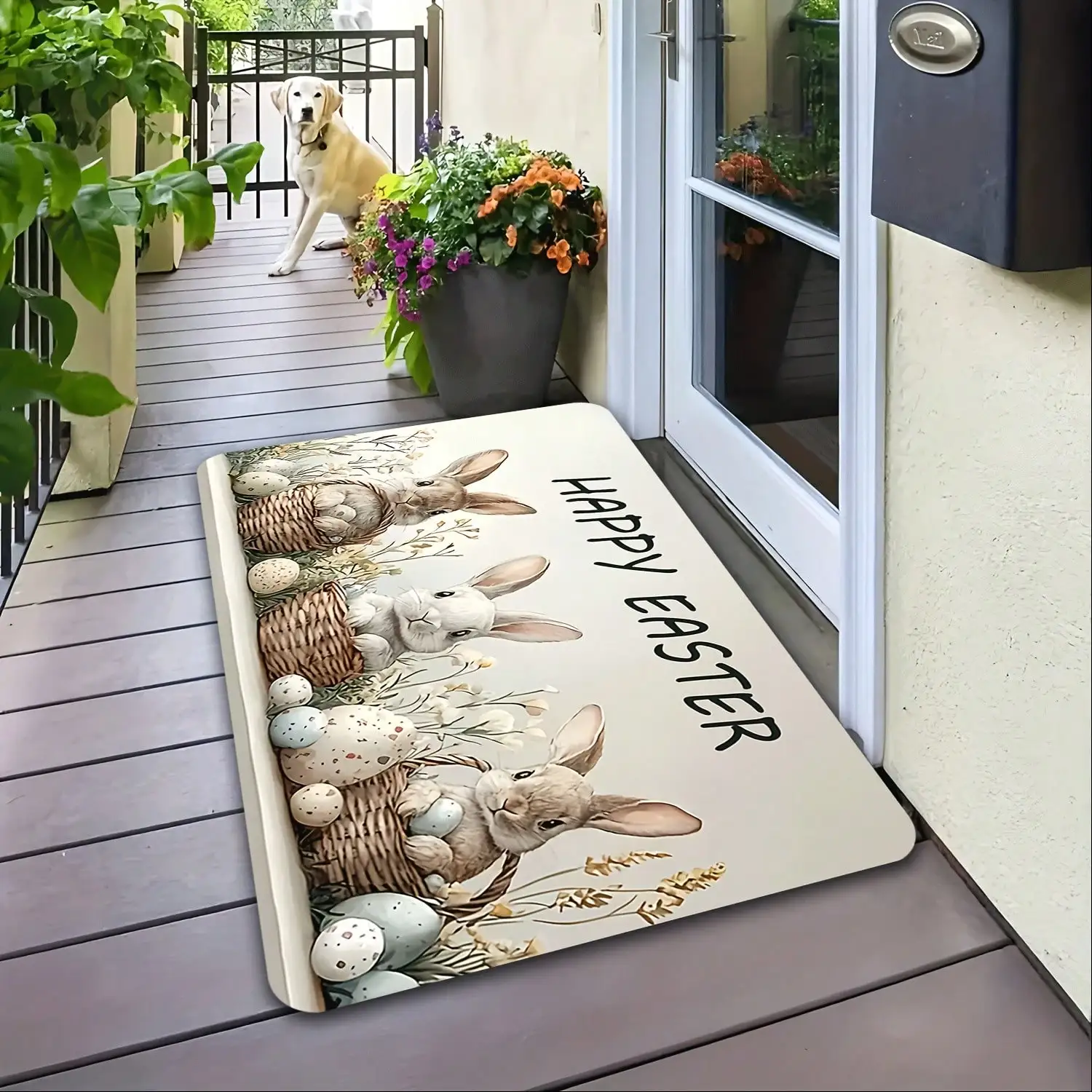 

Фланелевый коврик с тремя кроликами, 1 шт., винтажный, для пасхальных праздников, декоративный, для дверного проема, мягкий, фланелевый, нескользящий, легкий, размер S