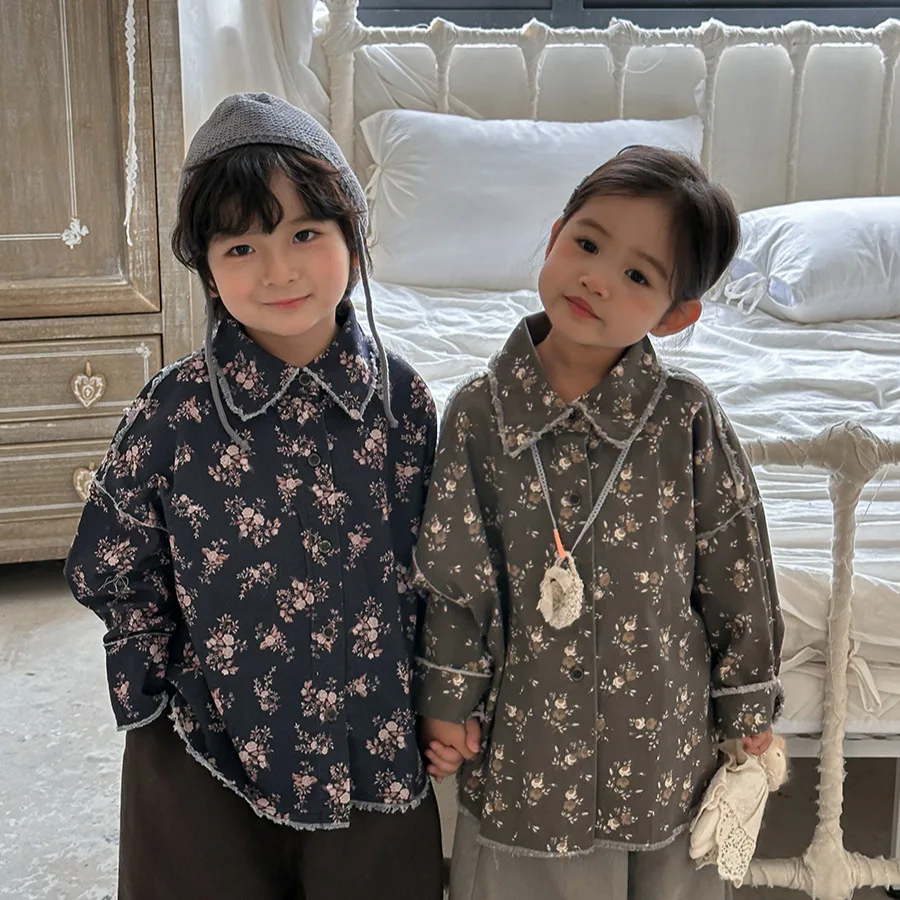 

2025 Childrens Autumn New Long-sleeved Floral Shirt Boys Girls Korean Fashion Coat Baby Boho Retro Frayed Hem Shirt