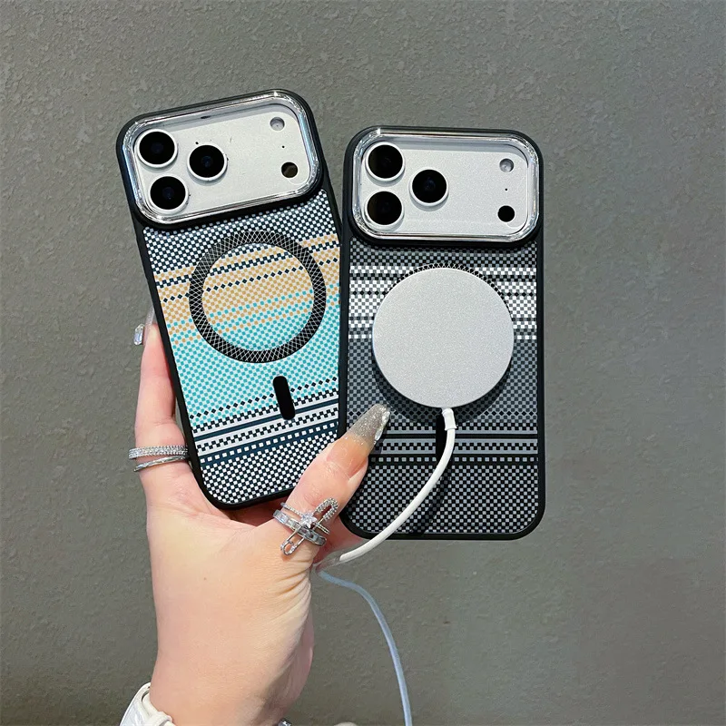 Luxuriöse bunte gestreifte Kohlefaser-Textur-Magnet-Handyhülle für iPhone 17, Air 16, 15, 13, 14, 12, Pro Max Plus, stoßfeste Abdeckung
