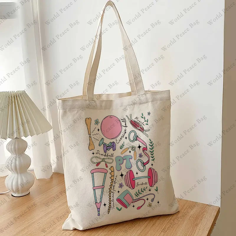 1pc PT Can\'t Talk Right Now Doing Physical Therapy patternTote Bag Canvas Shoulder Bag For Women\'s Reusable Shopping Bag