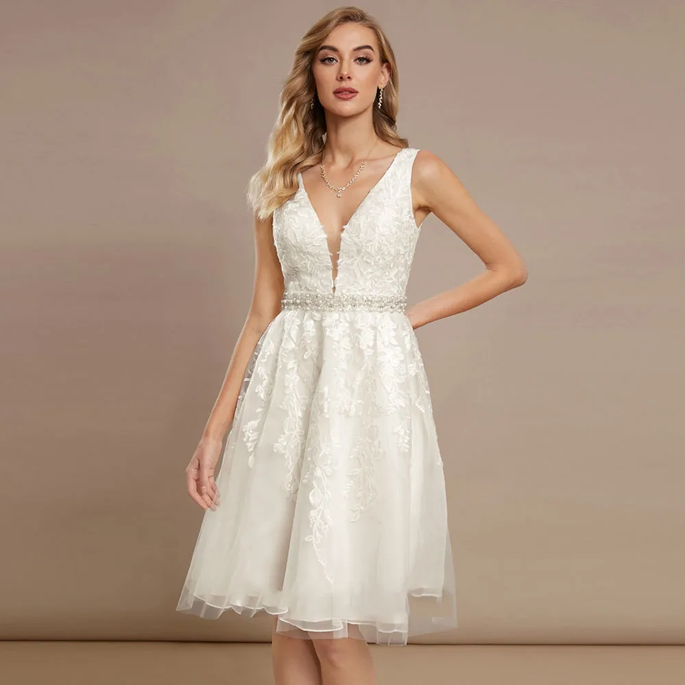 

Customized Bride V-neck Tulle Straps Wedding Dress Appliques Lace Knee-Length Backless Wedding Gown Belt