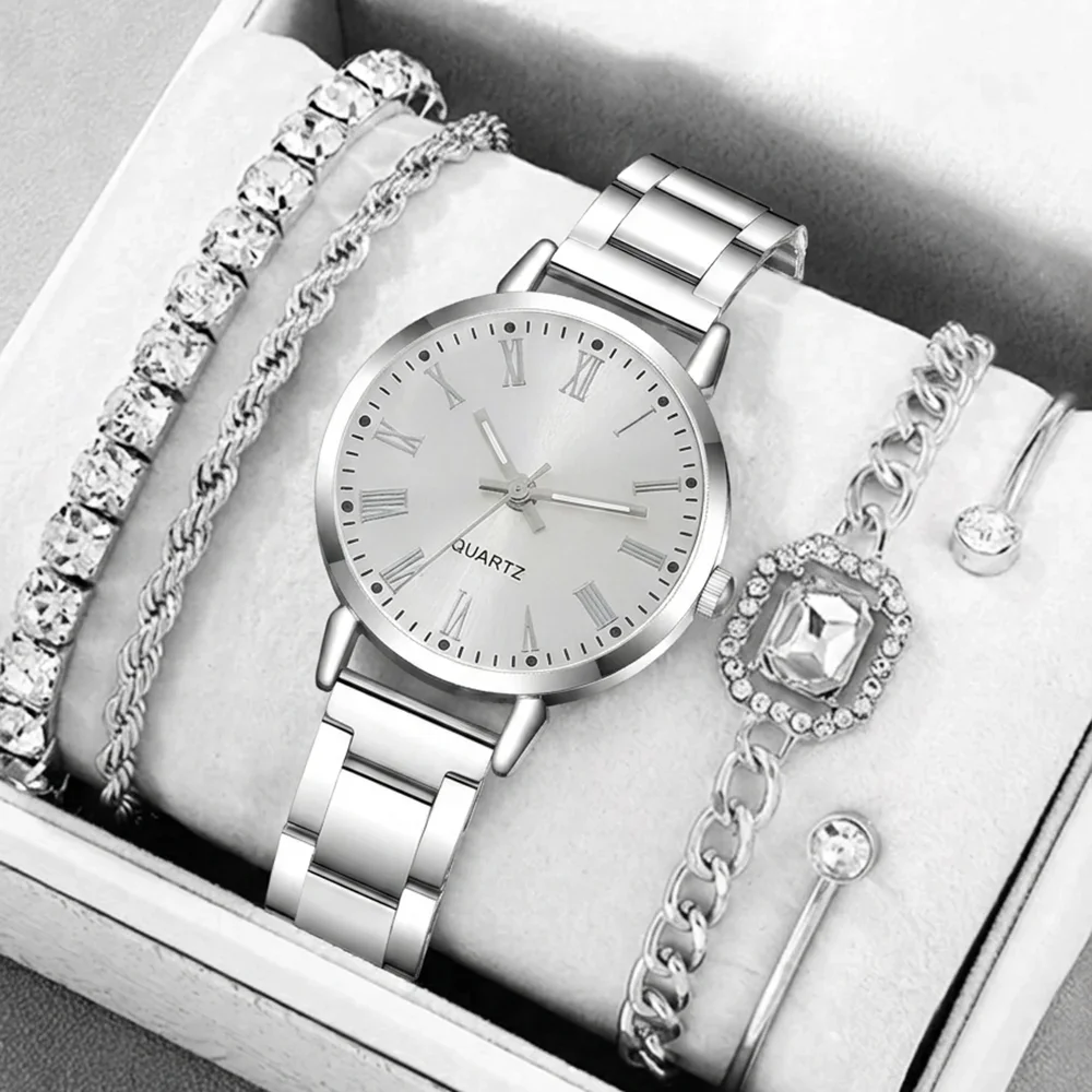5Pcs/Set Unisex Jewelry Watches Women's Wristwatch Accessories Silver Trendy Fashionable Elegant Classic Exquisite Light Luxury