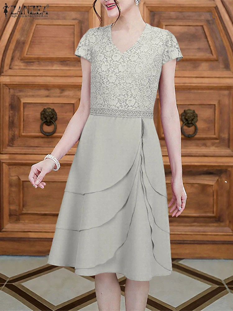 ZANZEA 2025 Elegante V-hals Feestjurk Vrouwen Stijlvolle Kant Patchwork Jurken Korte Mouw Werk Zonnejurk Solid Midi Vestido Gewaad