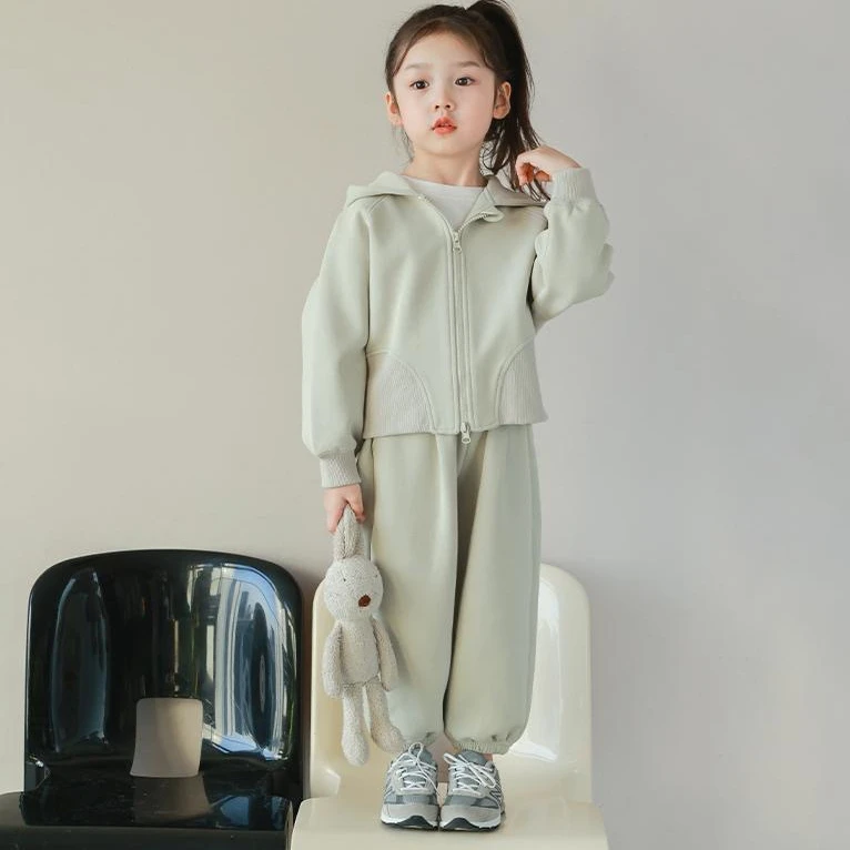 Childrens Sets Girl Hooded Sweater Sports Pants Spring Autumn New Baby Long Sleeves Loose Coat Solid Color Two Pieces 2024