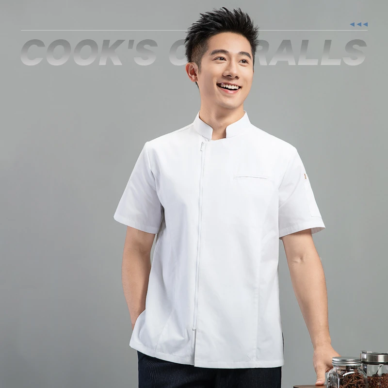 ホテルやレストランの厨房ユニフォーム用のジッパー付きプロ仕様半袖シェフジャケット