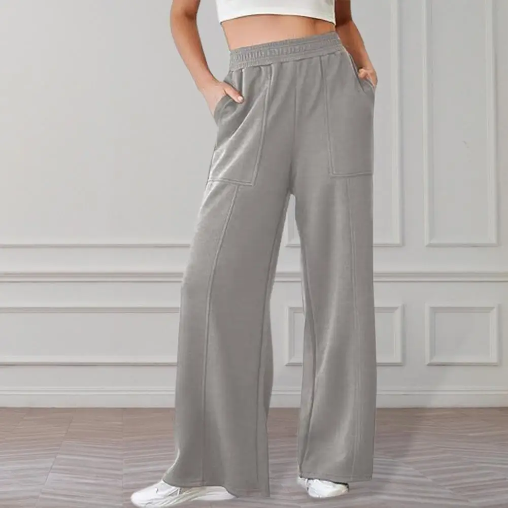 Women Pants Elastic High Waist Straight Wide Leg Long Trousers Solid Color Loose Fit Long Pants With Pockets Daily Wear