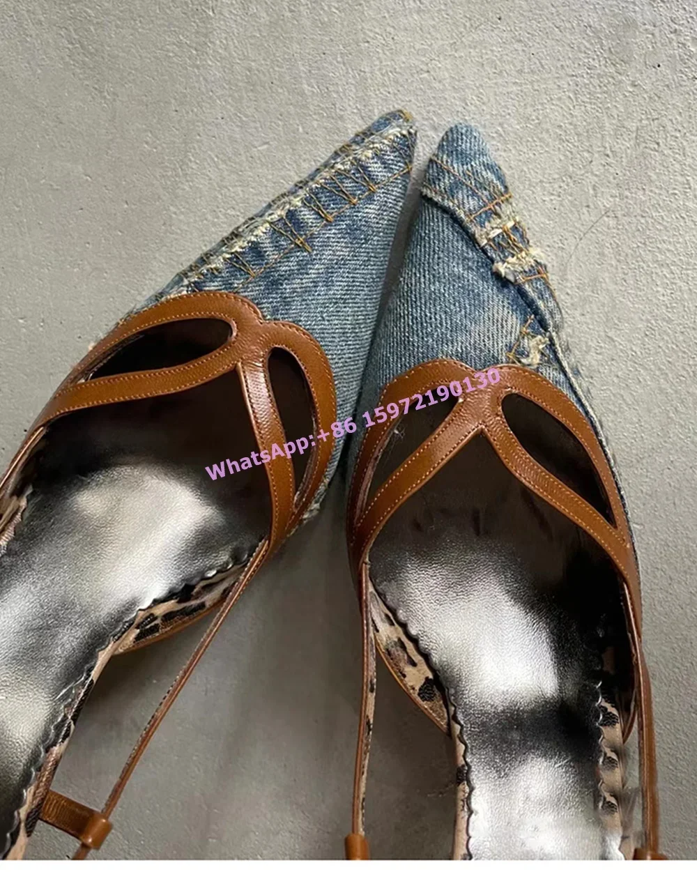 Retro Denim Blue Sandals Leopard Hollow Distress Pointy Toe Thin Heels Slingback Women's All Match Shoes Hotties Sewing Sexy