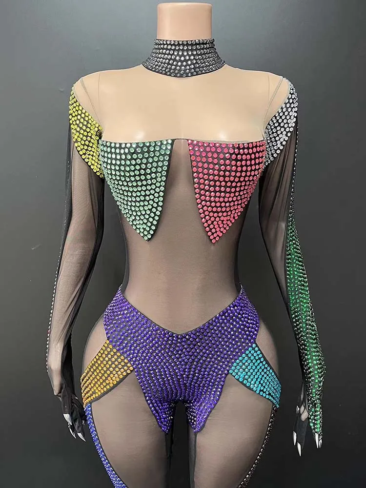 Hochwertiger, farbiger Strass-Sexy-durchsichtiger Mesh-Overall 2025, neue Mode, individuelle Damenbekleidung