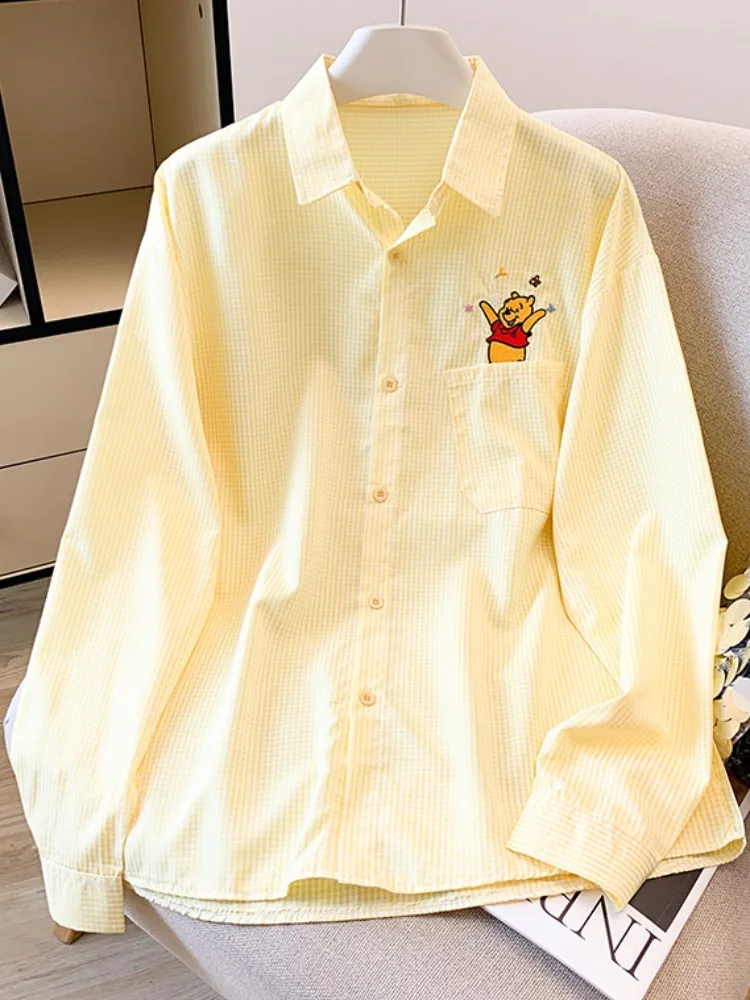 

Original Design Winnie the Pooh Embroidered Long Sve Plaid irt Loose Fit Slimming Top for Women Autumn Season