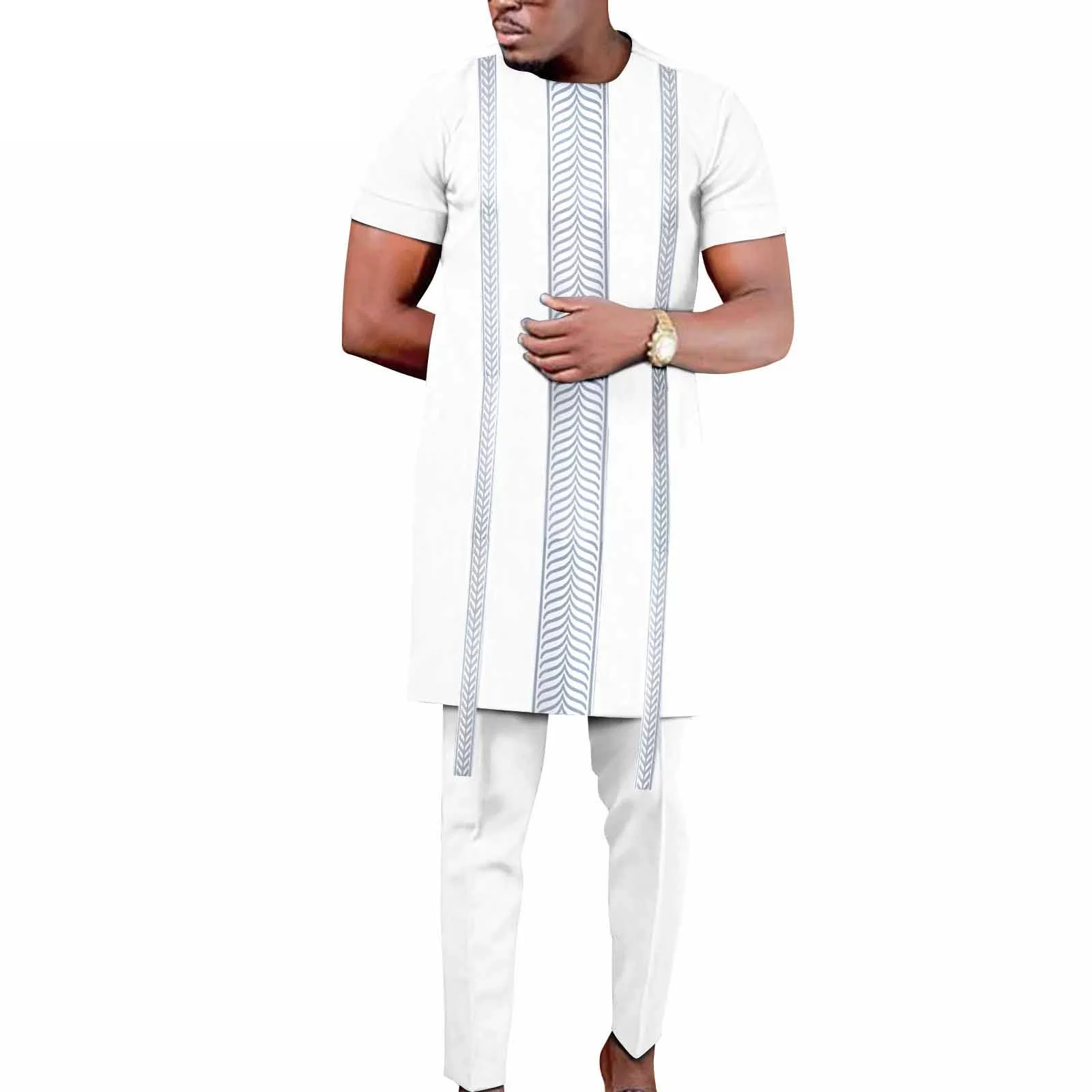 بيع الملابس الأفريقية الرجال بدلة غير رسمية قطعتين مجموعة التقليدية س الرقبة السترة التطريز قميص بنطلون لحفل الزفاف